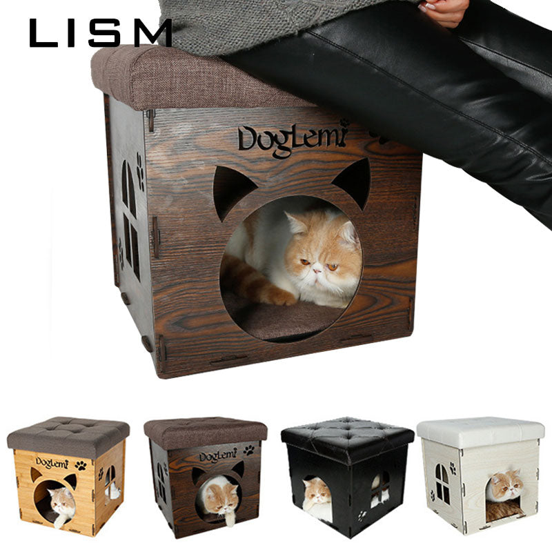 Multi-functional Pet Cat Kennel Wooden House Home Stool Chair Family Sitting Cats House Warming Nest for Cat Dog House Bed