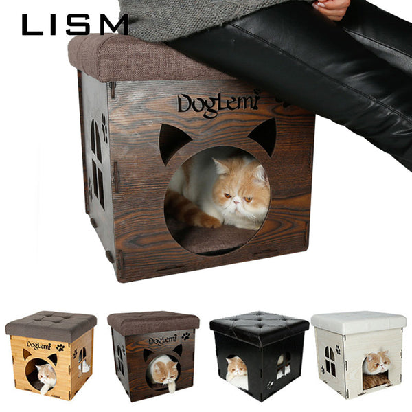 Multi-functional Pet Cat Kennel Wooden House Home Stool Chair Family Sitting Cats House Warming Nest for Cat Dog House Bed