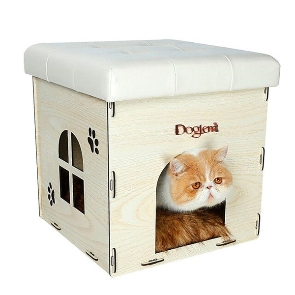Multi-functional Pet Cat Kennel Wooden House Home Stool Chair Family Sitting Cats House Warming Nest for Cat Dog House Bed