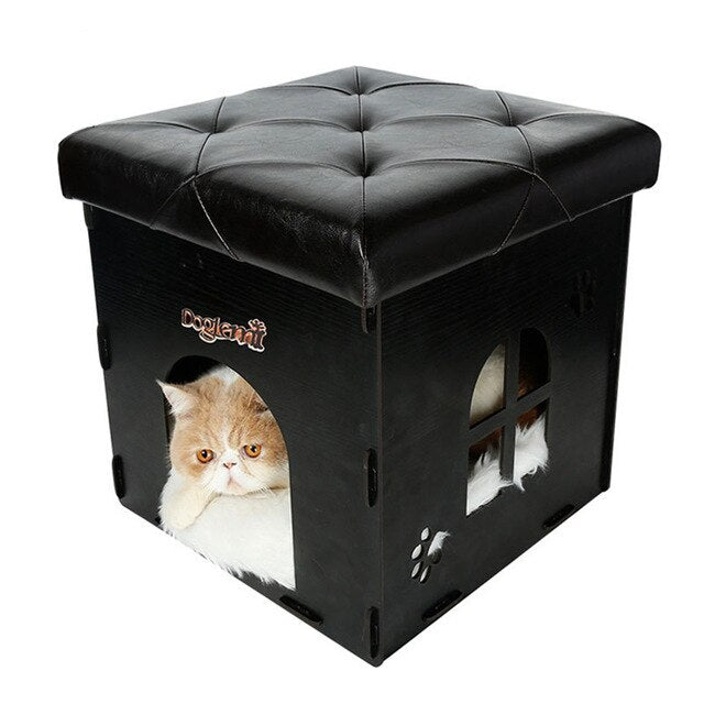 Multi-functional Pet Cat Kennel Wooden House Home Stool Chair Family Sitting Cats House Warming Nest for Cat Dog House Bed