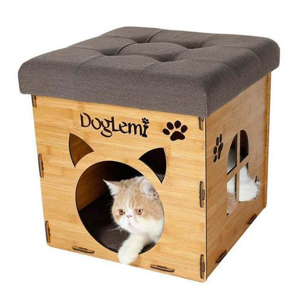 Multi-functional Pet Cat Kennel Wooden House Home Stool Chair Family Sitting Cats House Warming Nest for Cat Dog House Bed