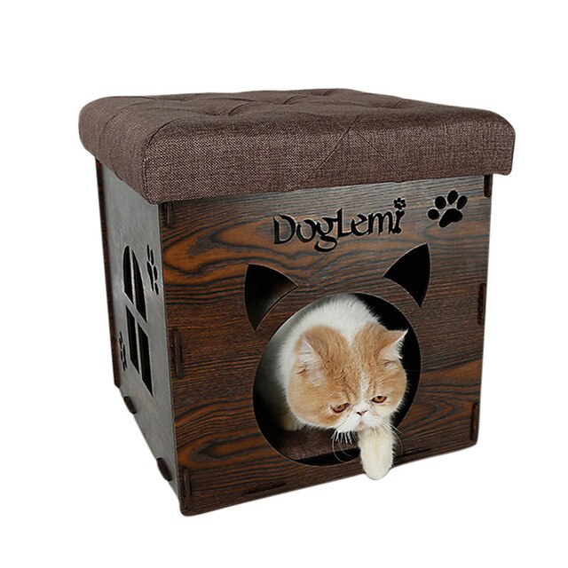 Multi-functional Pet Cat Kennel Wooden House Home Stool Chair Family Sitting Cats House Warming Nest for Cat Dog House Bed