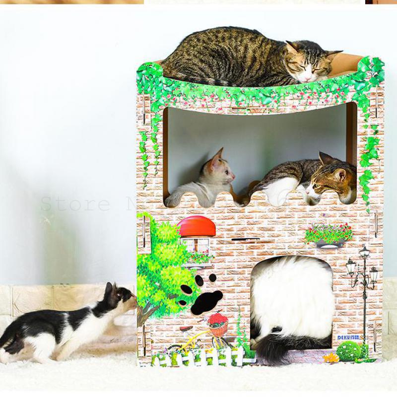 Cat Double Cat House Villa Villa's Cat Scratch Board Grinding Claws, Large Corrugated Cat Litter