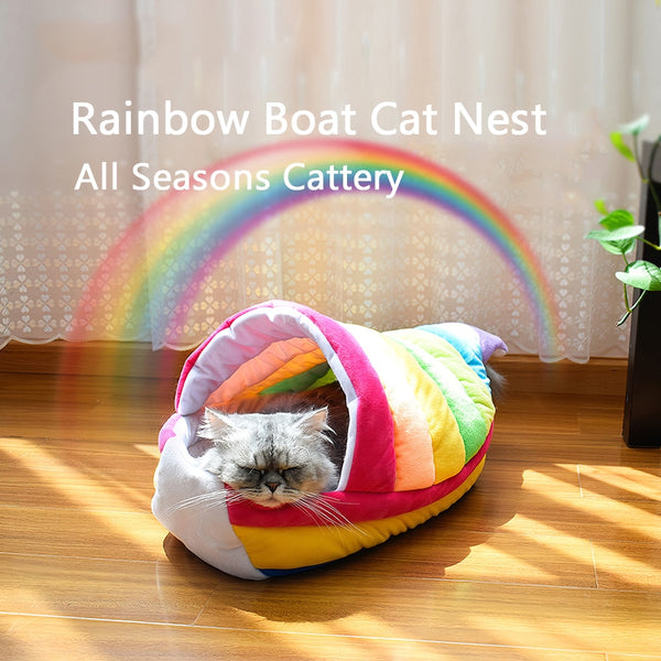 Beautiful Rainbow Boat Cat Bed Nest Cat Home Soft Short Plush Pet House All Seasons Universal Pet Bes for Cats Small Dogs