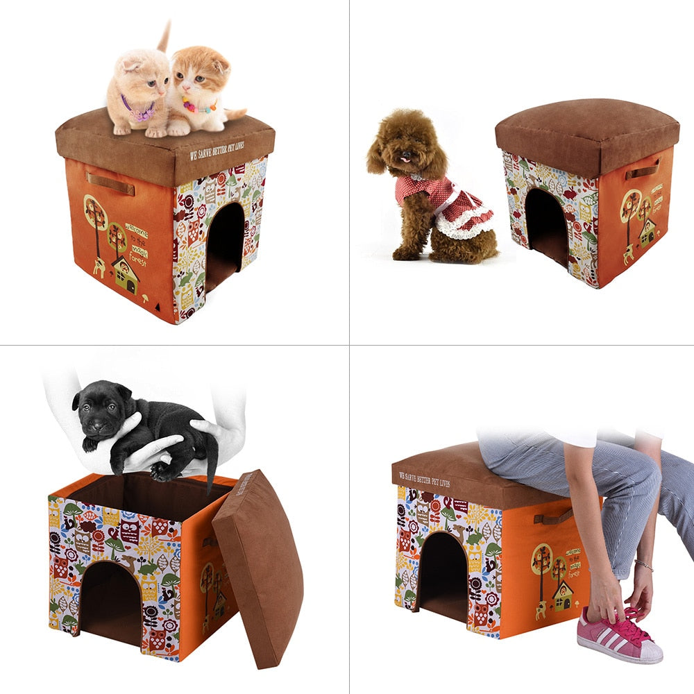 2-in-1 Multifunctional Foldable Washable Pet Cats Small Dogs Soft House Bed Living Room Foot Rest Cushioned Stool Cat Dog House