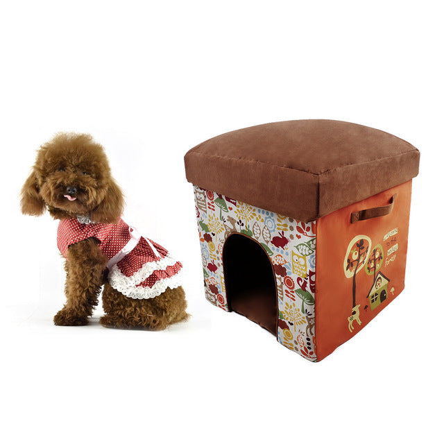2-in-1 Multifunctional Foldable Washable Pet Cats Small Dogs Soft House Bed Living Room Foot Rest Cushioned Stool Cat Dog House
