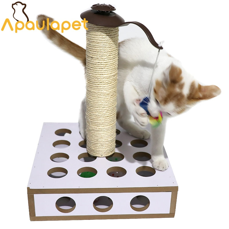 APAUALPET Pet Toy 12 Holes Cat Disc Scratch Toy Kitten Training Board Wood Sisal Post  Cat Furniture With Little Mouse Toy
