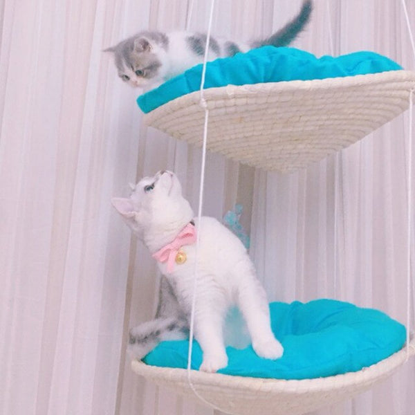 PETFORU Woven Cat House Bed Hanging Hammock Pet Supplies for Small Animal - 2 Layers Blue Velvet