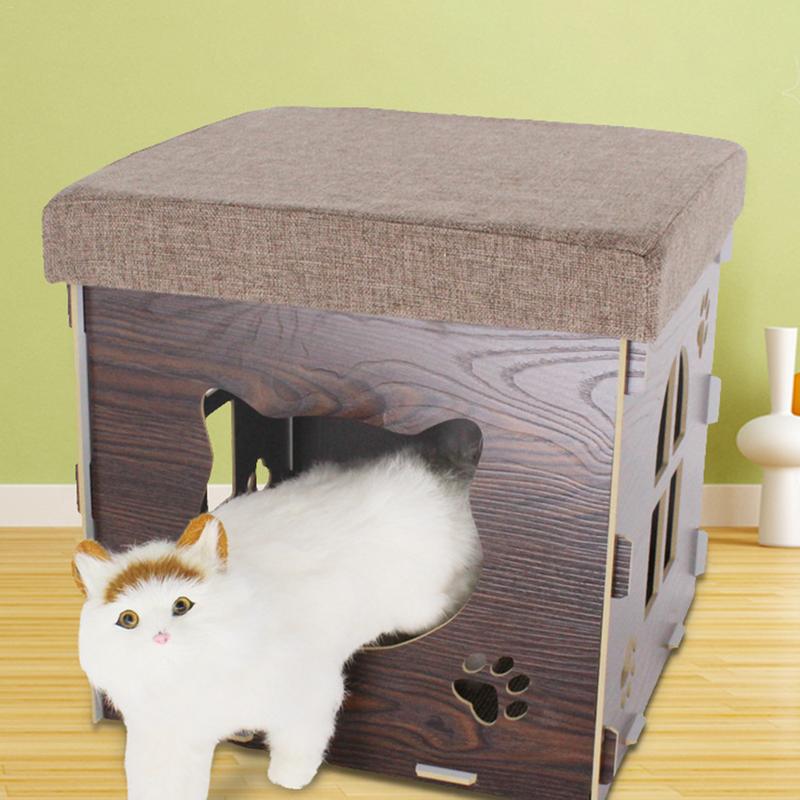Wooden Foldable Cat Kitten House with lid Warm Soft Winter Cotton Pet Dog Cat Bed or Small Medium Cat Dogs