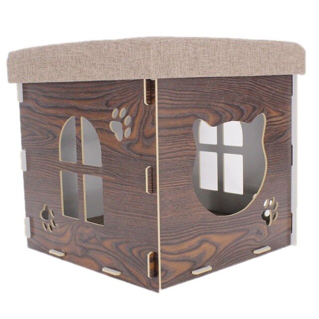 Wooden Foldable Cat Kitten House with lid Warm Soft Winter Cotton Pet Dog Cat Bed or Small Medium Cat Dogs
