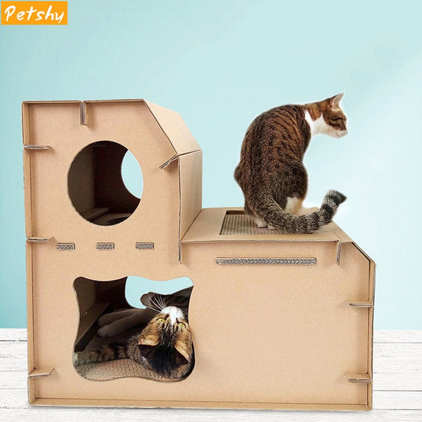 Petshy Pet Cat House Nest Double Layer Home Corrugated Paper Cats Scratch Board Detachable Kitten Playing Sleeping Bed Cave