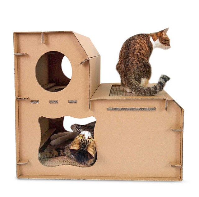Petshy Pet Cat House Nest Double Layer Home Corrugated Paper Cats Scratch Board Detachable Kitten Playing Sleeping Bed Cave