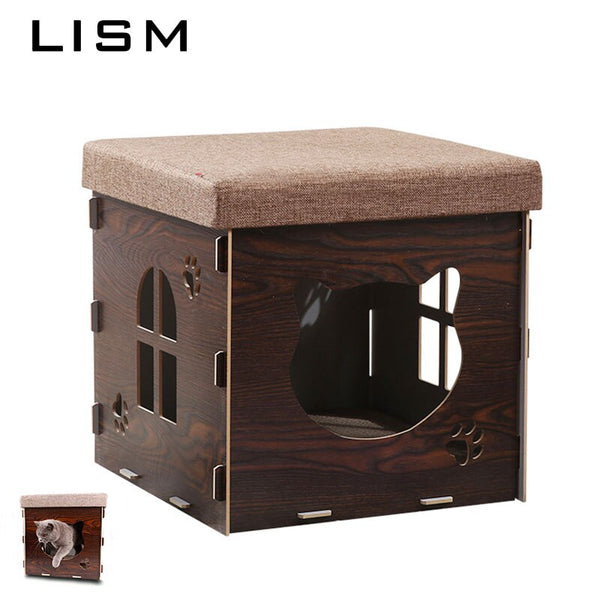 Multi-functional Pet Cat Kennel Wooden House Home Stool Chair Family Sitting Cats House Warming Nest for Cat Dog House Bed