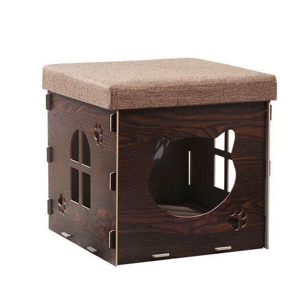 Multi-functional Pet Cat Kennel Wooden House Home Stool Chair Family Sitting Cats House Warming Nest for Cat Dog House Bed