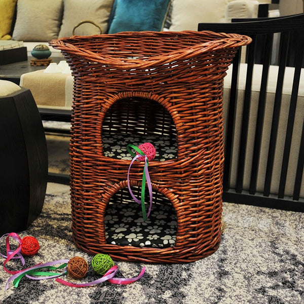 Pets Bed 3-layer Natural Wicker Weaving Cat Nest Villa for Puppy Dogs Four Seasons Pet House Washable Shelf Cat Cage Mat Basket