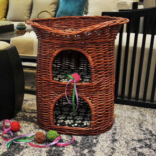 Pets Bed 3-layer Natural Wicker Weaving Cat Nest Villa for Puppy Dogs Four Seasons Pet House Washable Shelf Cat Cage Mat Basket